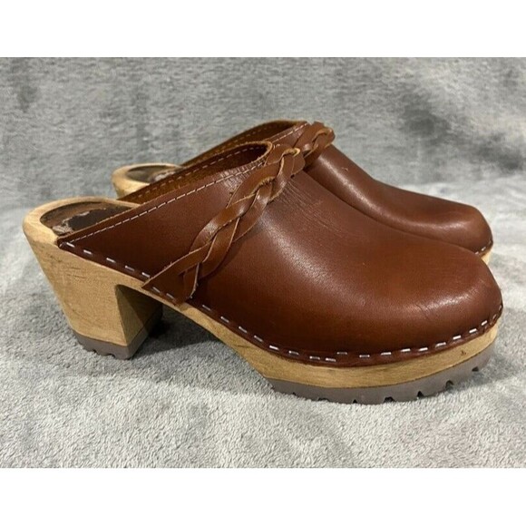 MIA Shoes - MIA Elsa Clogs 8.5 / 39 Brown Leather Braid Platform Made In Sweden Tan Chunky